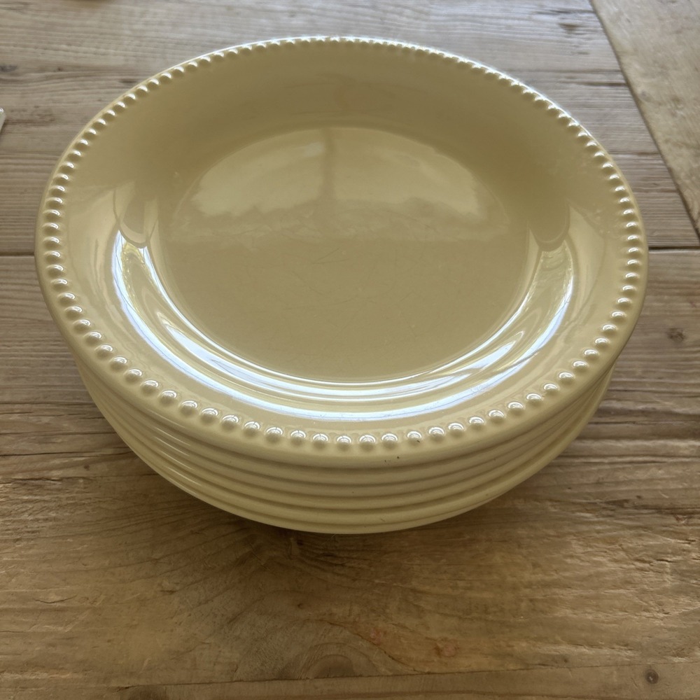 Lot Of 6 Pottery Barn Emma Beaded Stoneware 11 1/4" Plate Scalloped Rim Yellow